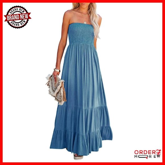 Dresses & Skirts - Cotton Strapless Maxi Dress Smocked Top Flowy Boho Summer Beach